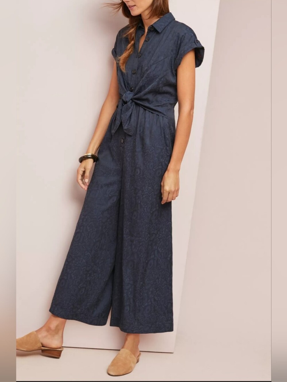 Anthropologie Ett:twa Navy Button-Front Tie-Waist Wide-Leg Jumpsuit Size 4